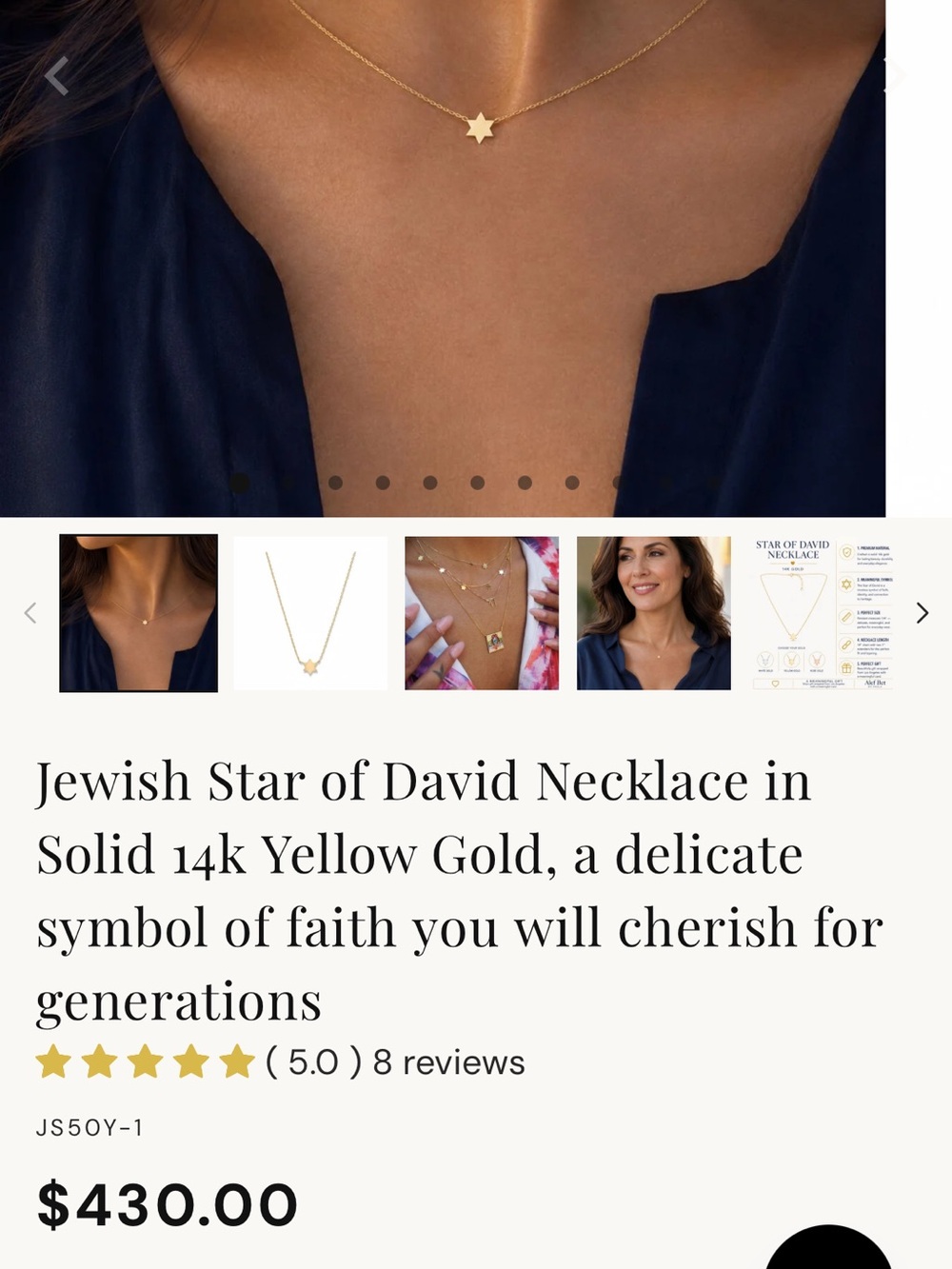 Jewish Star of David Necklace in Solid 14k Yellow Gold